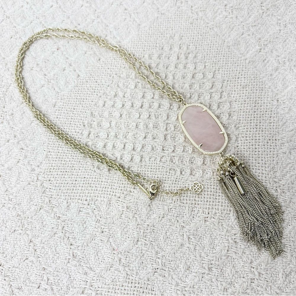 Kendra Scott Rayne Necklace Pink Rose Quartz Gold Pendant Tassel Long Layering